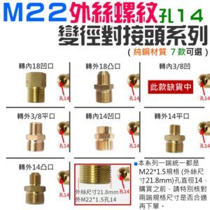 M22外絲螺紋孔14變徑對接頭系列 （7款可選）＃B08 異徑接頭 異徑轉換接頭 3/8 M14 M18